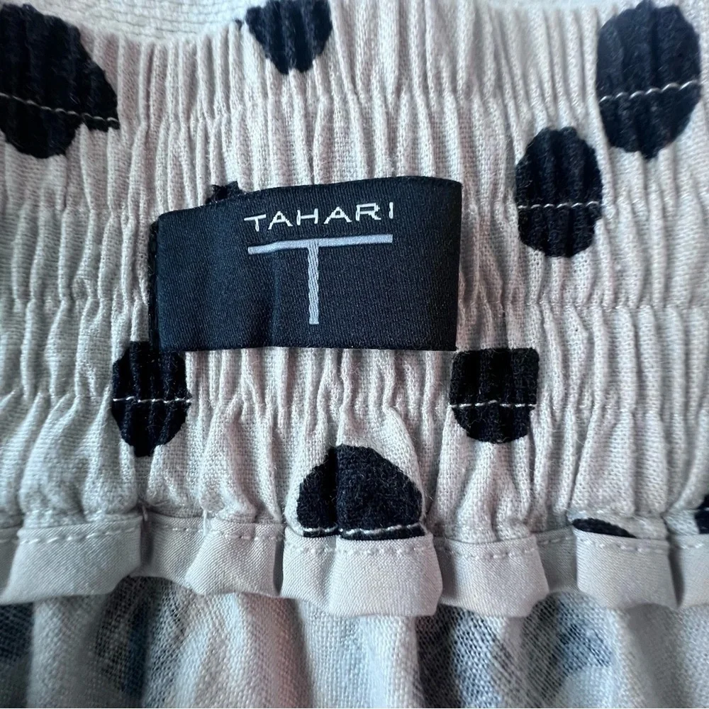 Tahari Belted Elastic Waist Black Beige Polka Dot Linen Blend Midi Skirt Women 8 - Picture 10 of 14